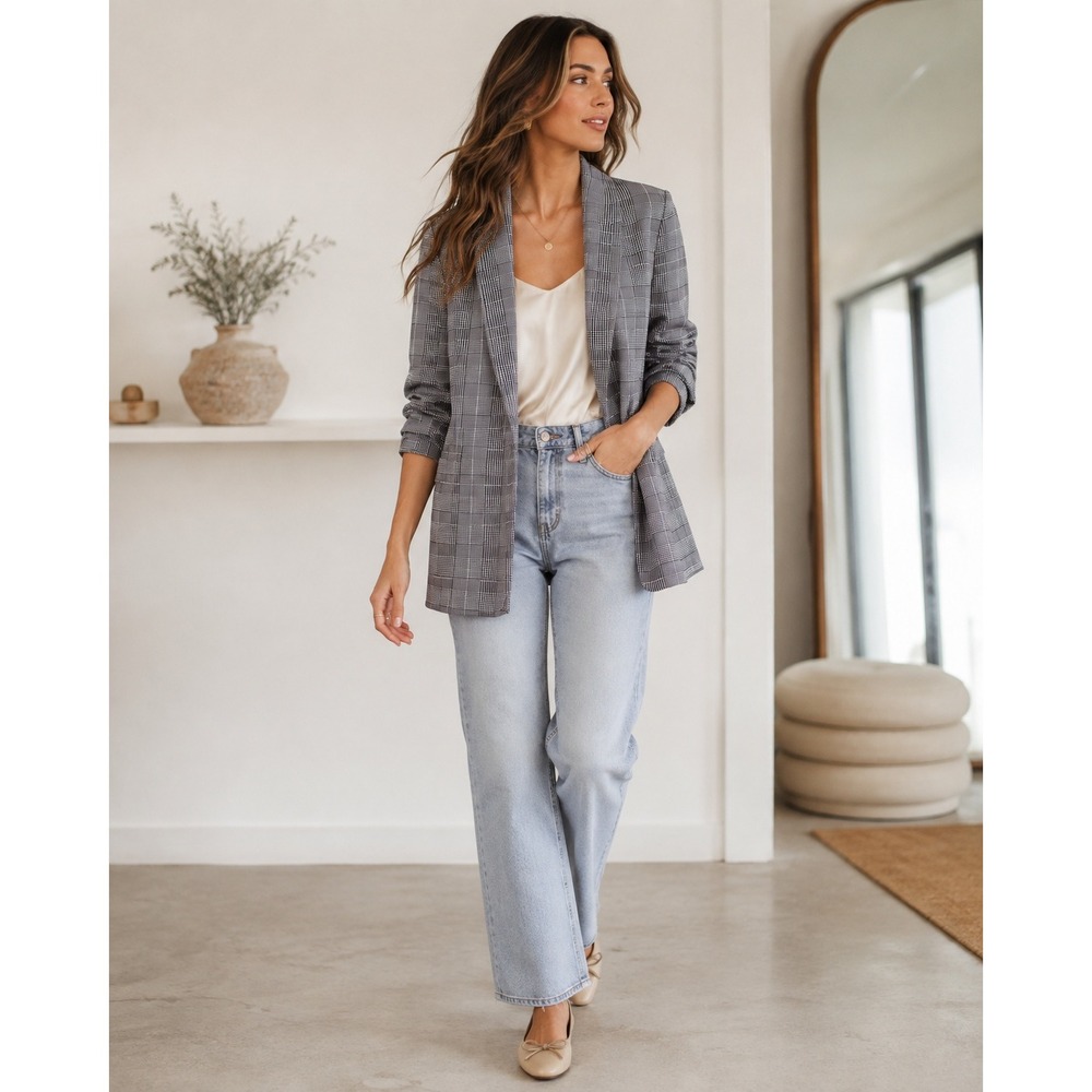 Boom Boom Jeans Plaid Ruched Sleeve Blazer Black White M Dark Academia